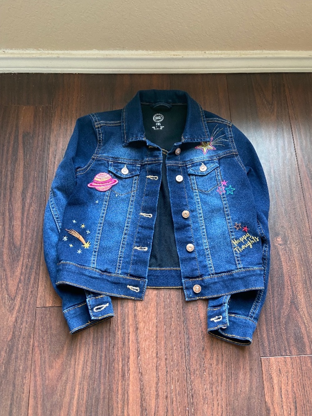 Girl Jean Jacket with Cosmic Decorative Stitching Cotton Blend Size 6Y